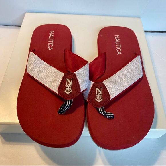 Nautical White/Red Thong Sandals, Size 8 - Picture 1 of 7